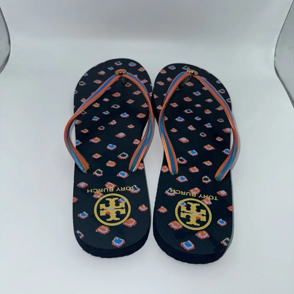 Tory Burch Navy Orange Blue Printed Logo Flip Flops Women’s Sandals
